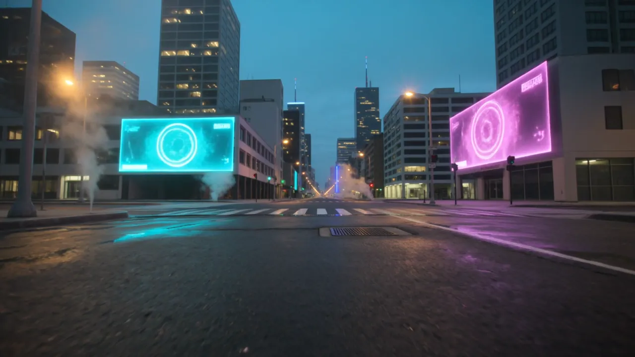 Cinematic cyberpunk city street ambient, drone POV through neon-lit rain-soaked skyline